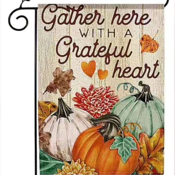 NIP Gather Here Orange Teal White Pumpkin Garden Flag, Double Sided - Picture 1 of 3